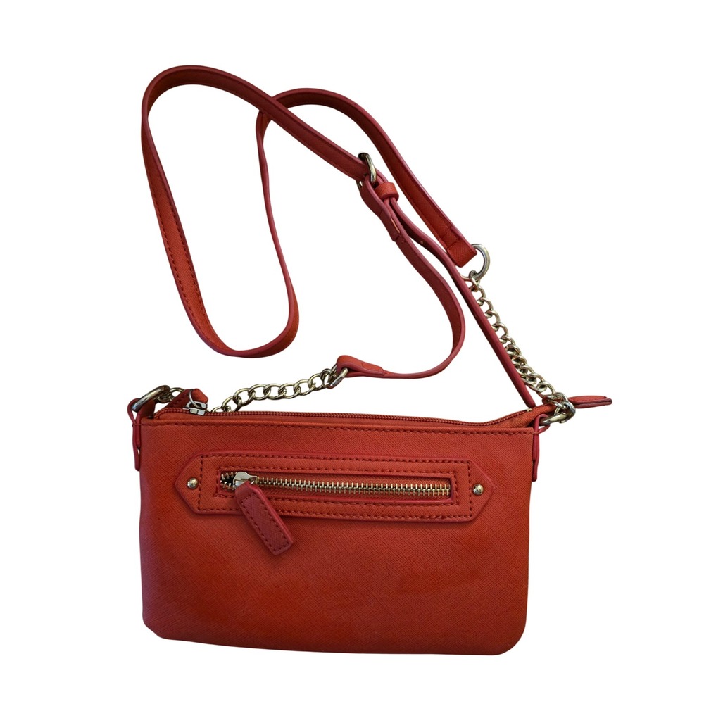 Kenneth Cole Reaction Orange Saffiano Faux Leather Crossbody Bag Gold Chain